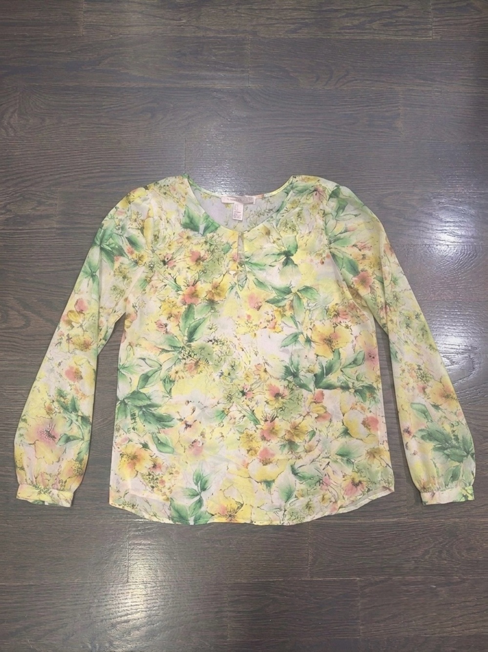 Love 21 Sheer Floral Long-Sleeve Blouse - Yellow & Green